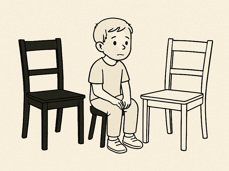 Мальчик сидит на маленьком табурете между двумя пустыми стульями — чёрным и белым. Он выглядит задумчивым и напряжённым.