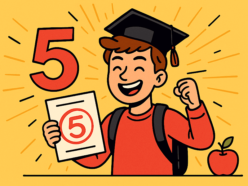 Радостный школьник с оценкой «5» в руках, в академической шапочке, на фоне яркого жёлтого фона с конфетти — успешная сдача экзамена, подготовка к ОГЭ и ЕГЭ.