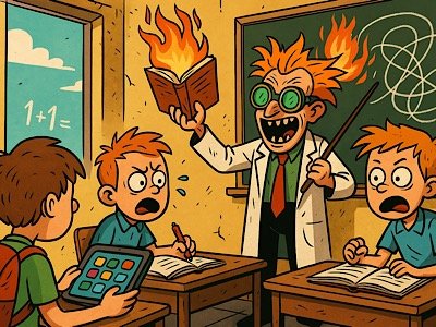 Сатирическое изображение абсурдной школы: дети в строительных касках, учитель в противогазе, на доске бессмысленные символы, хаос вместо урока.