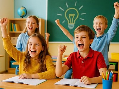 Весёлые дети в школьном классе на фоне доски и книг — иллюстрация к статье о развитии способностей и воспитании гениальности.