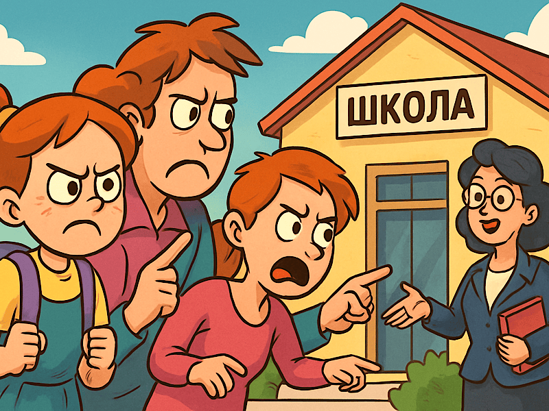 Родители и ребёнок у входа в школу. Учитель встречает их, лица напряжённые, обстановка серьёзная.