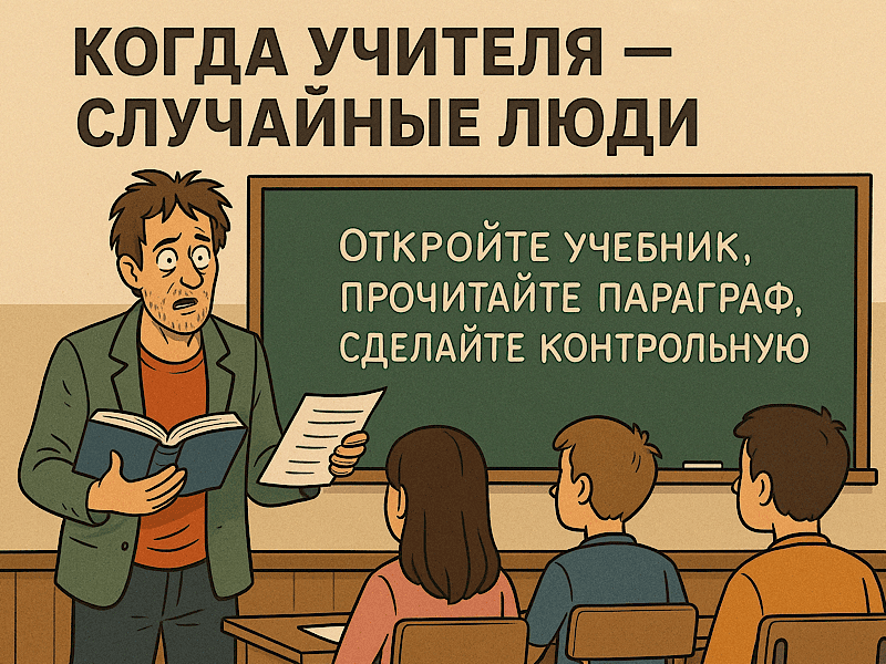 Сатирическая иллюстрация: некомпетентный школьный учитель у доски с инструкцией &laquo;Откройте учебник, прочитайте параграф, сделайте контрольную&raquo;, дети в классе смотрят с недоумением.