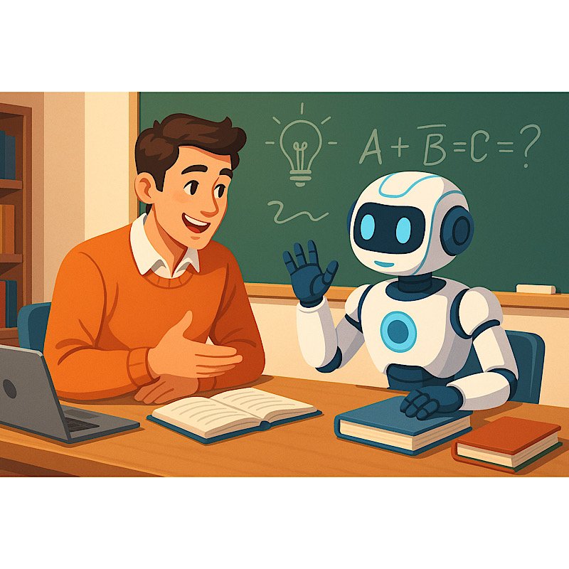 Учитель и робот в классе обсуждают урок: искусственный интеллект помогает в подготовке материалов и обучении.