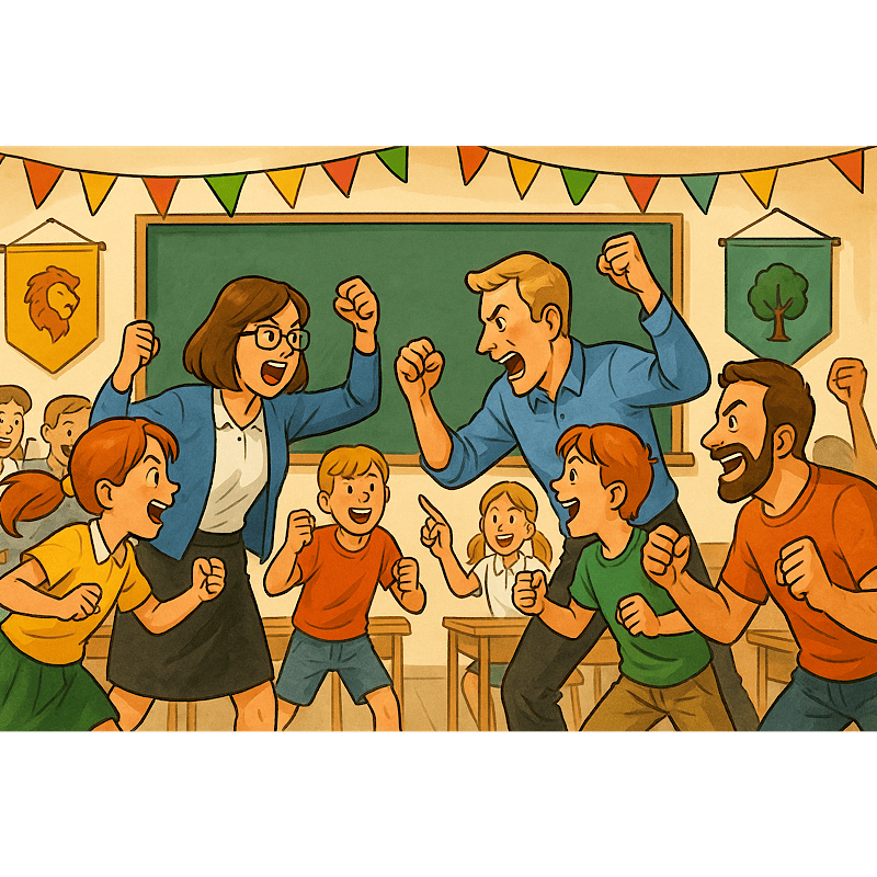 Соревнования в школе Веритас: ученики, учителя и родители вместе участвуют в игре, атмосфера радости и драйва