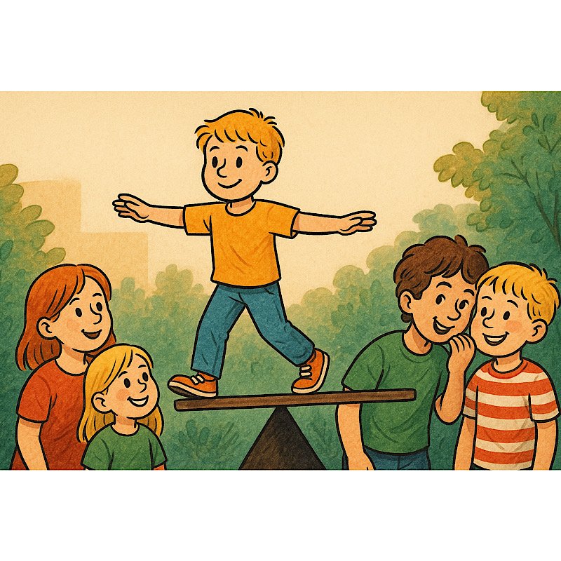 Школьники играют на прогулке, мальчик держит равновесие на бревне — символ баланса в воспитании детей