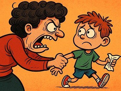 карикатура мама контролирует ребёнка, чрезмерная опека, воспитание детей, психологическое давление, родительская забота, школа, семья